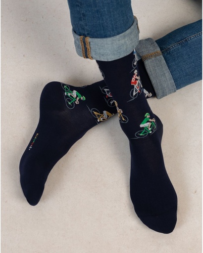 Chaussettes homme fantaisie BLEU FORET "Coton" 7084 - Encre Cyclistes JI8