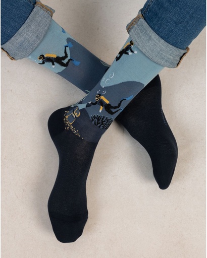 Chaussettes homme fantaisie BLEU FORET "Coton" 7080 - Encre Plongeurs JI8