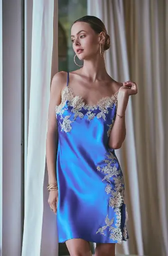 Nuisette soie et dentelle MARJOLAINE "Apolline" CT3430103 - Bleu/Nacre 5003