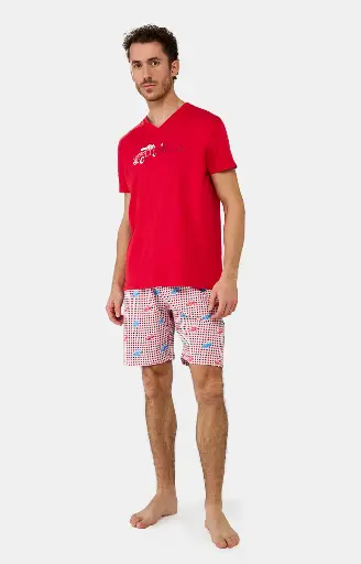 Pyjama short homme 100%coton bio ARTHUR "Branché" PAU - Rouge 2CVCE25