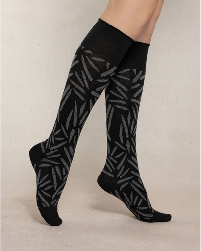 Mi-bas dame BLEU FORET "Laine Fine Feuilles Sauvages" FBU6561 - Noir AR5