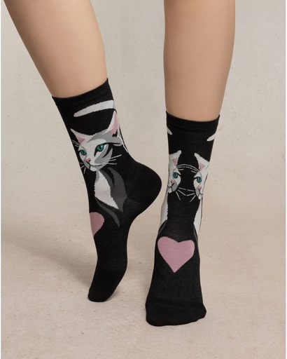 Chaussettes dame coton BLEU FORET "Chat" FBU6578 - Noir AR5