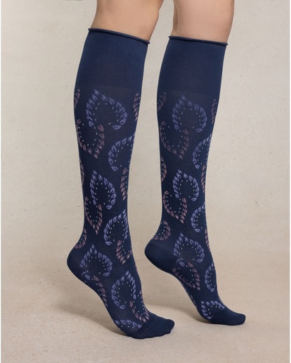 Chaussettes dame coton 3/4 BLEU FORET "Veloutés Feuillage" FBU6574 - Marine 
