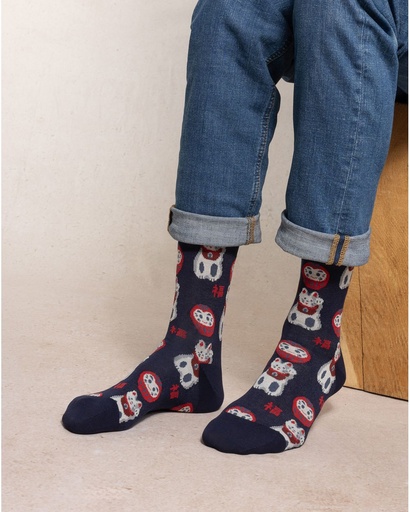 Chaussettes homme fantaisies coton BLEU FORET "Porte-Bonheur" HBU7103 - Encre JI8 