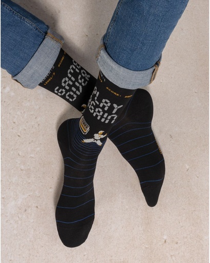 Chaussettes homme fantaisies coton BLEU FORET "Kung Fu" HBU7109 - Noir AR5