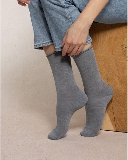 Chaussettes dame bord roulé BLEU FORET "Laine Fine" FBU6700 -Grix Chiné AG8