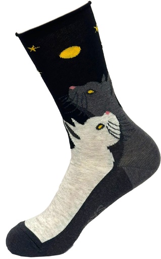 Chaussette dame bord roulé CRONERT "Chats au Clair de  Lune" 18856 - Noir 2600