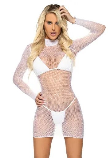 Mini robe sexy à col montant en résille ultra fine LEG AVENUE 86799 - Blanc 002