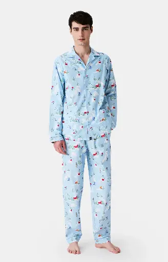Pyjama long homme boutonné en pilou ARTHUR "Noël en Altitude" PLC - Ciel NOELH25
