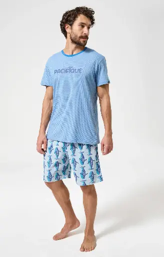Pyjama short homme 100% coton bio ARTHUR "Pacifique" PAU - Bleu WALEE26