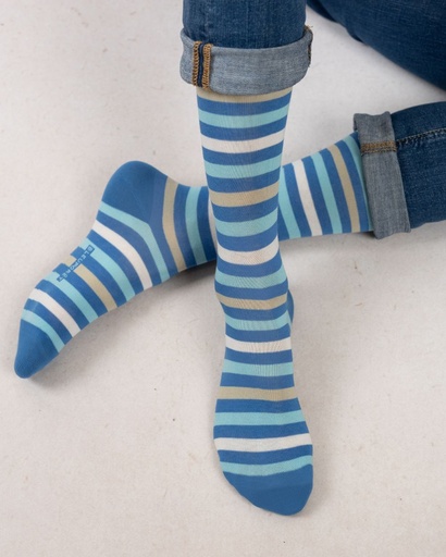 Chaussettes homme fantaisies coton BLEU FORET "Rayures Multicolores" HBU7122 - Bleu HW7
