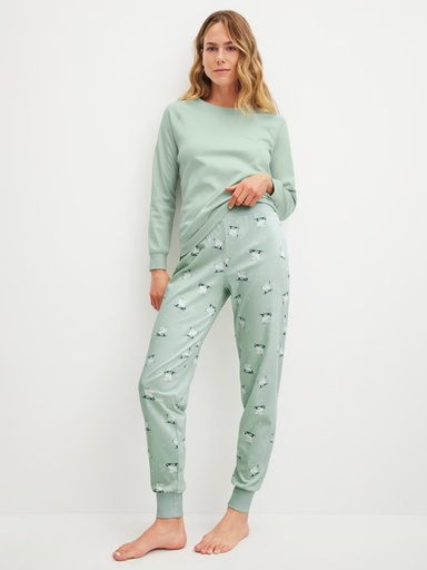 T-shirt maches longues + pantalon dame homewear CALIDA "Favourites Cat" 15170 + 29747 - Light Aqua 621