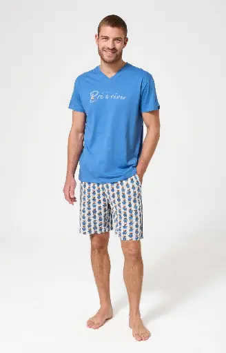 Pyjama short homme 100% coton bio ARTHUR "Pré à Rêver" PAU - Bleu TEDDE26