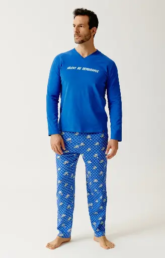 Pyjama long homme coton bio ARTHUR "Lent au démarrage" ZAC - Bleu 2CVCH26