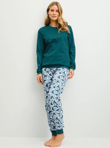 Pyjama long dame poignets resserés 100% coton CALIDA "Midnight Flowers" 40059 - Dark petrol 520